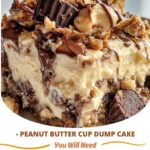 Decadent Peanut Butter Cup Dump Cake with layers of chocolate, peanut butter filling, and crumbled peanut butter cups on top.