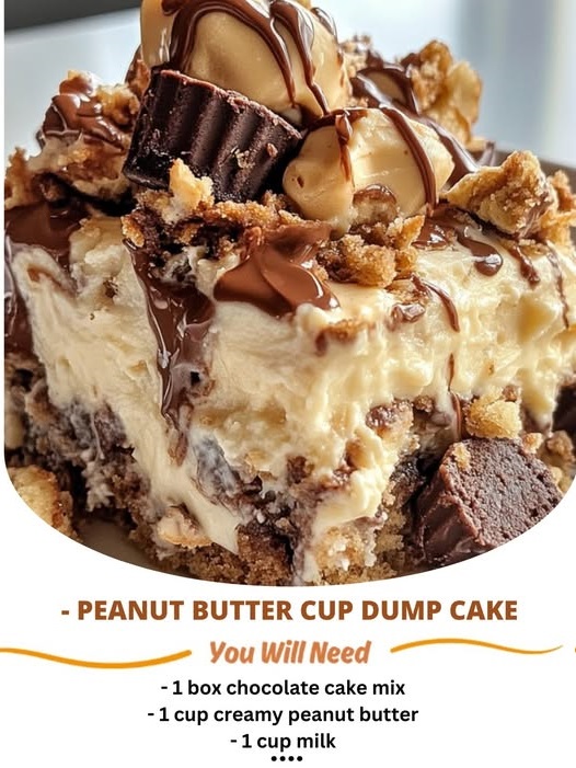 Decadent Peanut Butter Cup Dump Cake with layers of chocolate, peanut butter filling, and crumbled peanut butter cups on top.