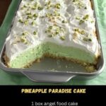 A slice of Pineapple Paradise Cake with chunks of pineapple, toasted nuts, and a golden, glistening glaze on top, set on a rustic wooden table, evoking a tropical, nutty delight.