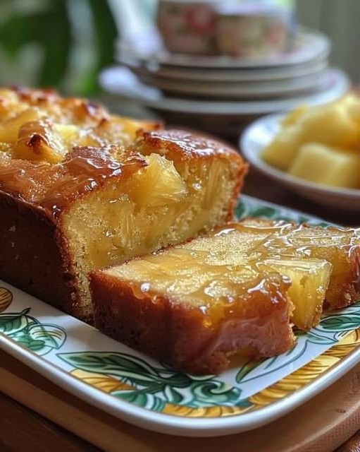 A slice of Pineapple Quick Bread with a moist, golden crumb, filled with chunks of pineapple and served on a wooden board, showcasing its tropical sweetness.