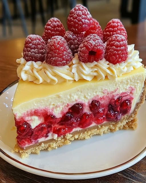 A slice of raspberry white chocolate cheesecake with a smooth, creamy filling, topped with fresh raspberries and white chocolate shavings.