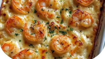 Shrimp Scampi Pasta Bake with succulent shrimp, pasta, garlic, and a cheesy, golden crust, baked to perfection for a flavorful seafood dinner.
