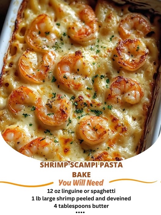 Shrimp Scampi Pasta Bake with succulent shrimp, pasta, garlic, and a cheesy, golden crust, baked to perfection for a flavorful seafood dinner.