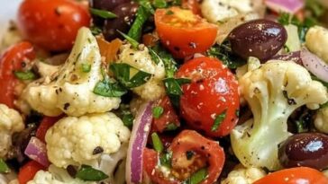 A vibrant Sicilian cauliflower salad with roasted cauliflower, olives, capers, tomatoes, and fresh herbs, drizzled with olive oil.