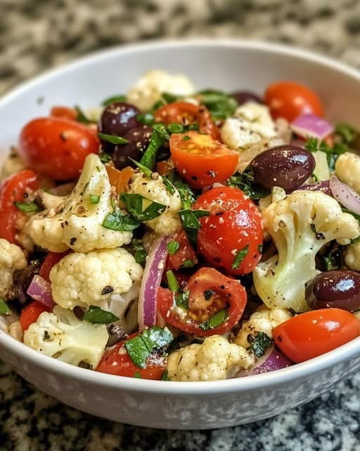 A vibrant Sicilian cauliflower salad with roasted cauliflower, olives, capers, tomatoes, and fresh herbs, drizzled with olive oil.