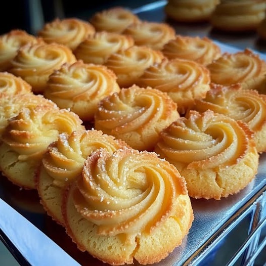 Soft and buttery milky coconut biscuits stacked on a plate, with a golden brown exterior and a light, fluffy interior.