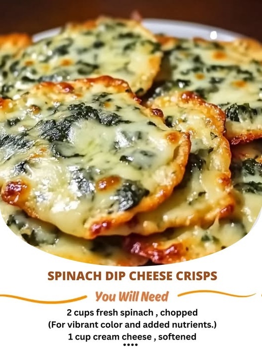 Crispy cheese crisps topped with creamy spinach dip, garnished with fresh herbs and served on a plate.