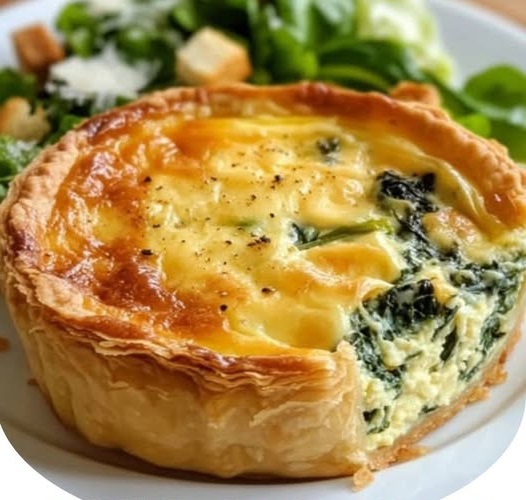 Close-up of a spinach and feta stuffed phyllo tart with crispy golden layers of phyllo dough, filled with a creamy spinach and feta mixture, garnished with herbs.