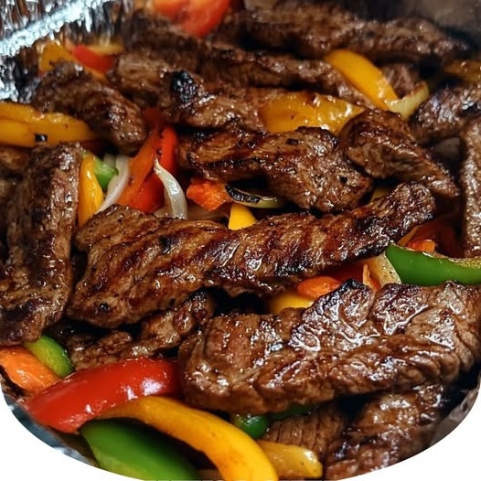Sizzling steak fajitas served on a hot skillet, with colorful bell peppers, onions, and warm tortillas on the side