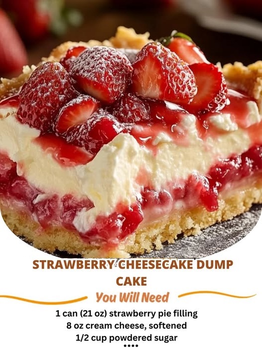 A slice of strawberry cheesecake dump cake with a golden crust, topped with fresh strawberries and a drizzle of whipped cream.