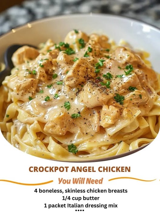 A plate of Crockpot Angel Chicken featuring tender chicken pieces in a creamy, savory sauce with a hint of seasoning.