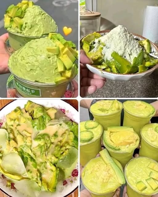 A creamy green avocado smoothie served in a glass with a straw, topped with chia seeds and surrounded by fresh avocado slices.