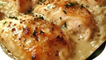 plate of tender, juicy chicken thighs served with a flavorful, savory sauce, garnished with herbs.