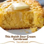 A warm slice of Amish Sour Cream Cornbread on a plate, with a golden crust and a moist, soft interior.