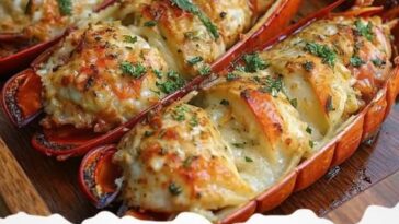 Baked lobster tails with a golden, crispy garlic herb butter sauce, served on a white plate with lemon wedges for garnish.