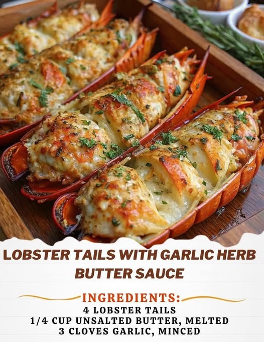 Baked lobster tails with a golden, crispy garlic herb butter sauce, served on a white plate with lemon wedges for garnish.
