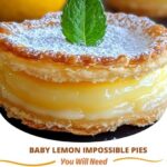 Mini lemon impossible pies on a white plate, topped with powdered sugar and lemon zest.