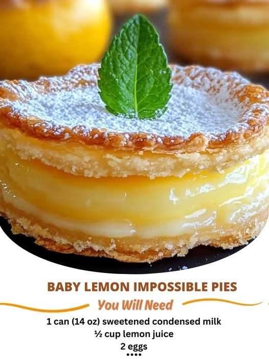 Mini lemon impossible pies on a white plate, topped with powdered sugar and lemon zest.