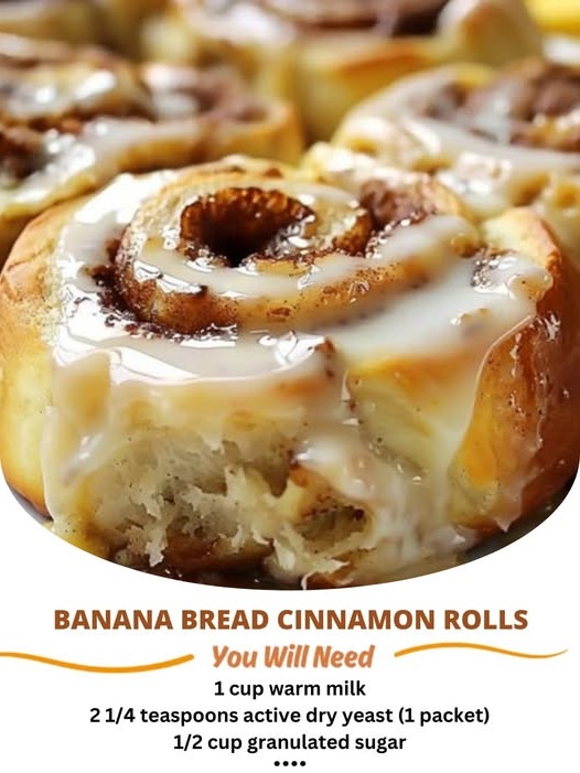warm stack of banana bread cinnamon rolls drizzled with a creamy glaze, with swirls of cinnamon and banana filling visible inside.