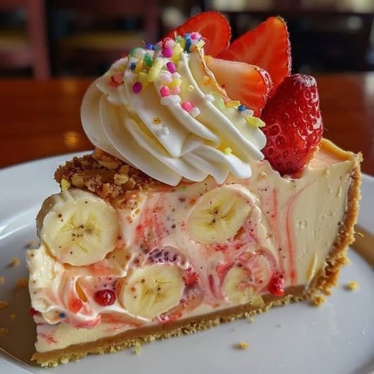 slice of banana strawberry cheesecake on a plate, with a creamy cheesecake layer, fresh banana slices, and vibrant strawberry topping.