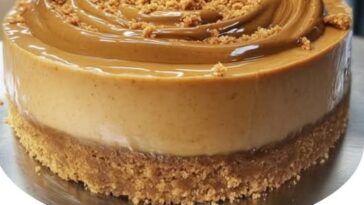 Biscoff cookie butter cheesecake topped with a smooth, creamy filling, drizzled with Biscoff spread, and garnished with crumbled Biscoff cookies.