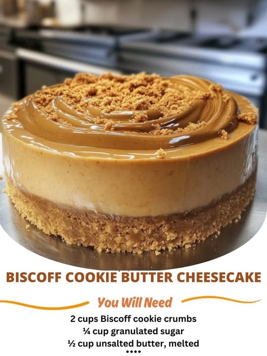 Biscoff cookie butter cheesecake topped with a smooth, creamy filling, drizzled with Biscoff spread, and garnished with crumbled Biscoff cookies.