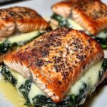Blackened salmon fillet stuffed with creamy spinach and parmesan, served on a white plate.