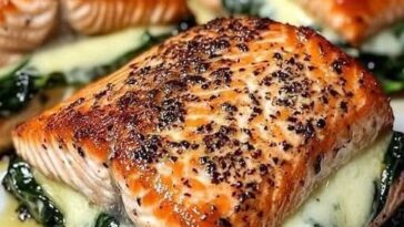Blackened salmon fillet stuffed with creamy spinach and parmesan, served on a white plate.