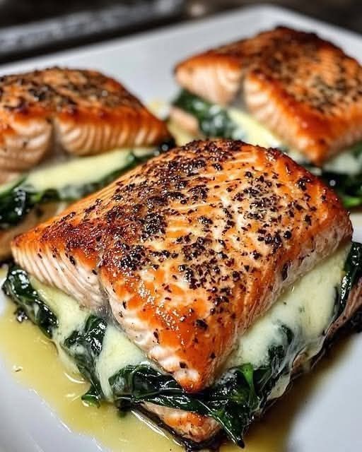 Blackened salmon fillet stuffed with creamy spinach and parmesan, served on a white plate.