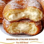 Golden, fluffy Bombolini Italian donuts filled with sweet cream or jam, dusted with powdered sugar. A traditional Italian pastry for any occasion.