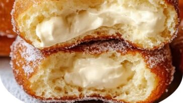 Golden, fluffy Bombolini Italian donuts filled with sweet cream or jam, dusted with powdered sugar. A traditional Italian pastry for any occasion.