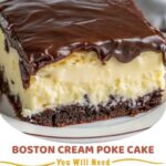 A slice of Boston cream poke cake with vanilla pudding and chocolate glaze on top.