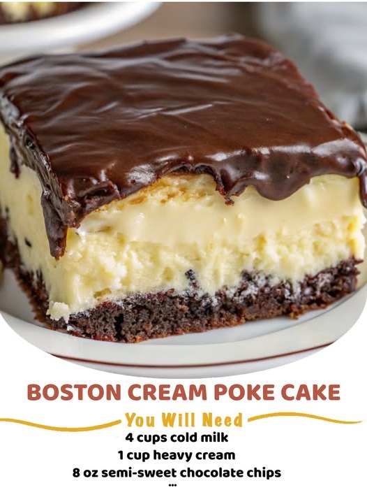 A slice of Boston cream poke cake with vanilla pudding and chocolate glaze on top.