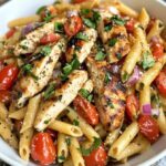 bowl of pasta topped with grilled chicken, fresh tomatoes, basil, and drizzled with balsamic glaze.