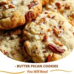 Golden-brown butter pecan cookies with toasted pecans, stacked on a plate and ready to enjoy.