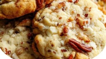 Golden-brown butter pecan cookies with toasted pecans, stacked on a plate and ready to enjoy.