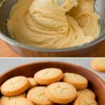 Golden butter shortbread cookies stacked neatly on a plate, with a light dusting of sugar on top.