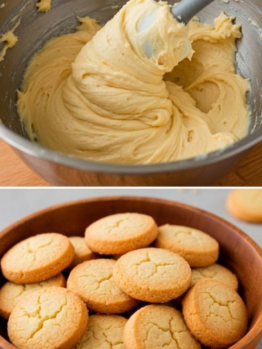 Golden butter shortbread cookies stacked neatly on a plate, with a light dusting of sugar on top.