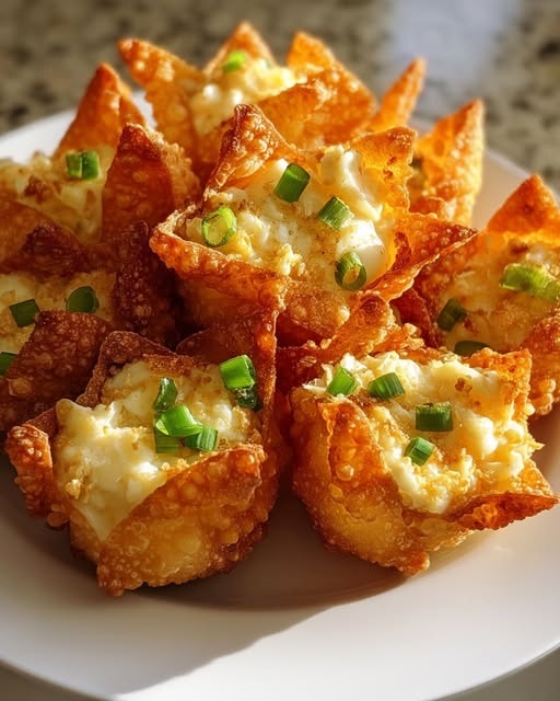 Golden-brown crab Rangoon bombs with a crispy exterior, garnished with chopped green onions and served with a side of dipping sauce.