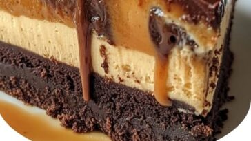 A rich caramel brownie cheesecake with a chocolate brownie base, creamy cheesecake layer, and caramel drizzle on top.