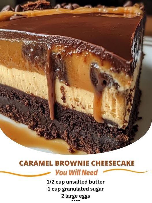 A rich caramel brownie cheesecake with a chocolate brownie base, creamy cheesecake layer, and caramel drizzle on top.