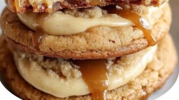 Golden caramel cheesecake cookies with a soft, chewy texture and a glossy caramel drizzle on top, arranged on a white plate