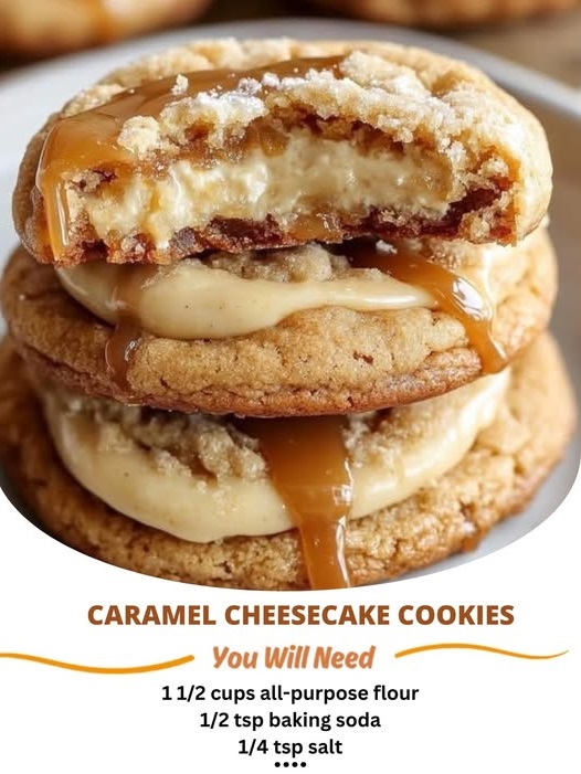 Golden caramel cheesecake cookies with a soft, chewy texture and a glossy caramel drizzle on top, arranged on a white plate