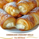 Golden, flaky crescent rolls stuffed with a creamy cheesecake filling and topped with a dusting of powdered sugar.