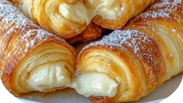 Golden, flaky crescent rolls stuffed with a creamy cheesecake filling and topped with a dusting of powdered sugar.