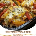 Baked fajita-seasoned chicken breasts topped with sautéed bell peppers, onions, and a generous layer of melted cheese.