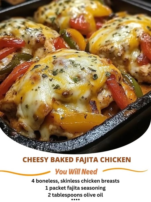 Baked fajita-seasoned chicken breasts topped with sautéed bell peppers, onions, and a generous layer of melted cheese.