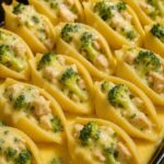 Baked pasta shells stuffed with cheesy chicken and broccoli filling, topped with melted cheese and creamy sauce.