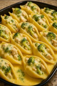 Baked pasta shells stuffed with cheesy chicken and broccoli filling, topped with melted cheese and creamy sauce.