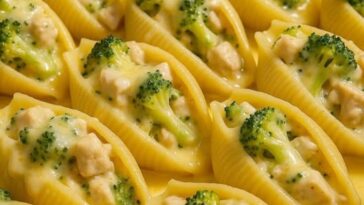 Baked pasta shells stuffed with cheesy chicken and broccoli filling, topped with melted cheese and creamy sauce.
